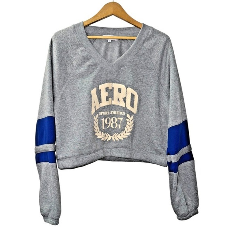 NEW Aeropostale‎ Sport Athletics Girls Large Cropped Sweatshirt Gray Blue V-Neck